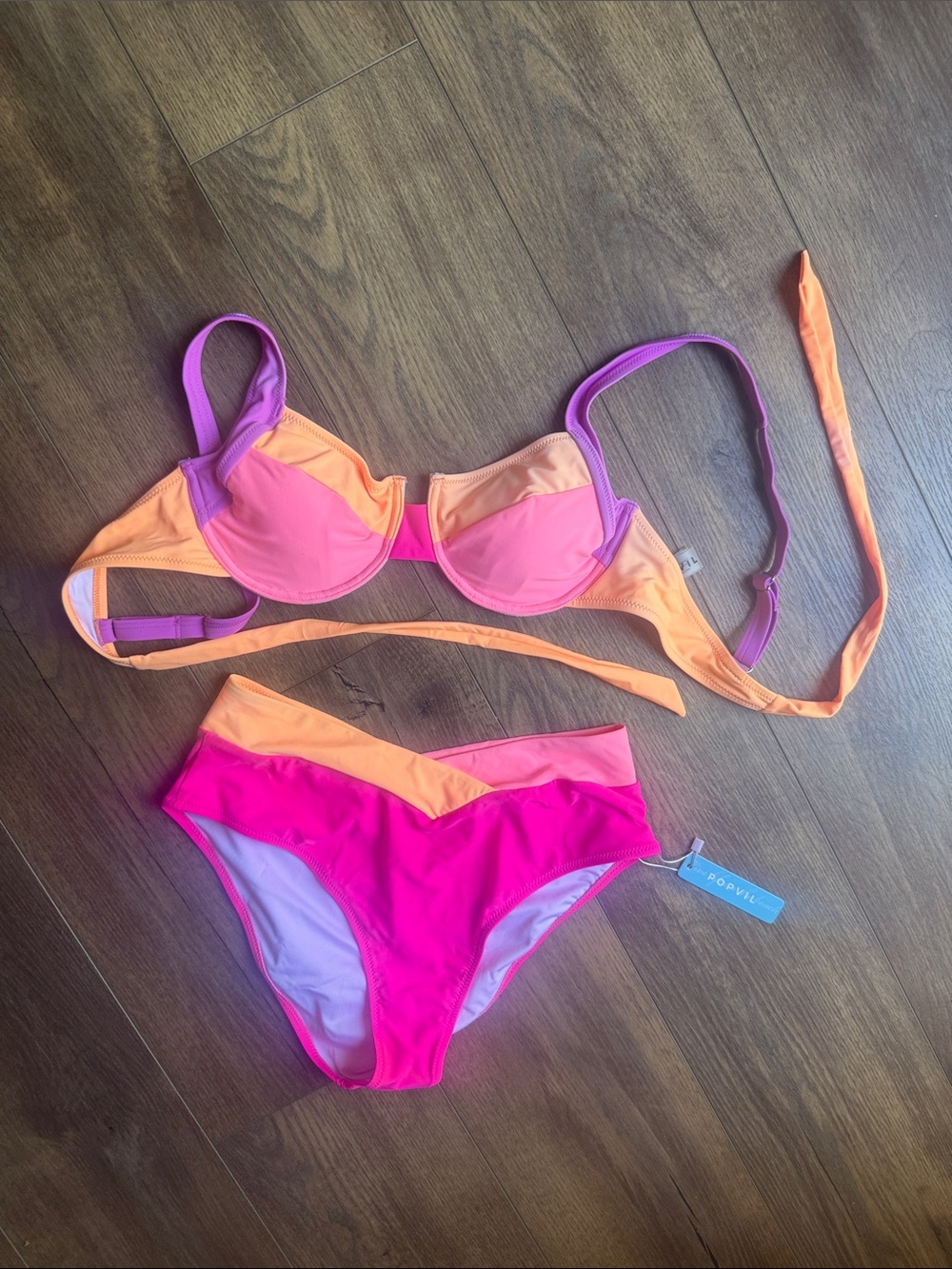 Popliv Colorblock Pink & Orange Bikini Set